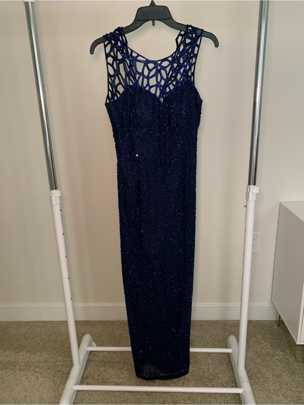 Scala Navy Blue Beaded Maxi Dress with Webbed Mesh Yoke